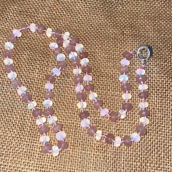 Necklace Opal & Pink Jade Stone Quartz hand made Knotted one of a kind New Beads - Picture 9 of 14